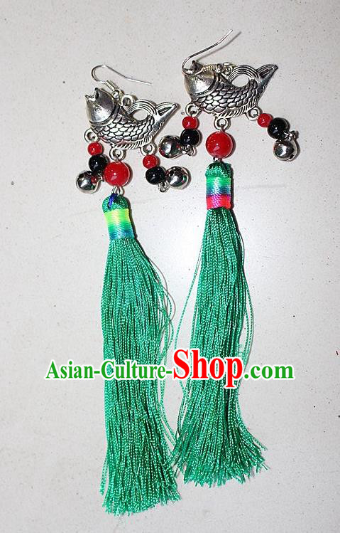 Traditional Chinese Miao Nationality Crafts Jewelry Accessory Classical Earbob Accessories, Hmong Handmade Miao Silver Fish Palace Lady Green Silk Tassel Earrings, Miao Ethnic Minority Eardrop for Women