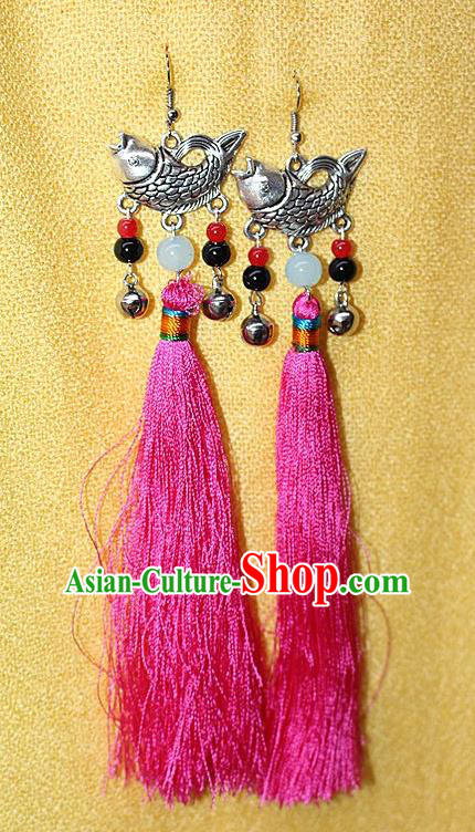 Traditional Chinese Miao Nationality Crafts Jewelry Accessory Classical Earbob Accessories, Hmong Handmade Miao Silver Fish Palace Lady Pink Silk Tassel Earrings, Miao Ethnic Minority Eardrop for Women