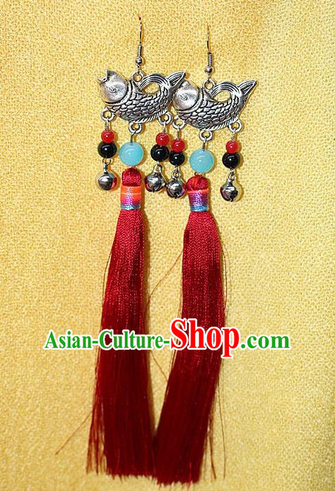 Traditional Chinese Miao Nationality Crafts Jewelry Accessory Classical Earbob Accessories, Hmong Handmade Miao Silver Fish Palace Lady Red Silk Tassel Earrings, Miao Ethnic Minority Eardrop for Women