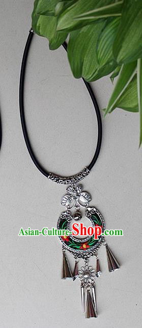 Traditional Chinese Miao Nationality Crafts Jewelry Accessory, Hmong Handmade Miao Silver Embroidery Bells Tassel Pendant, Miao Ethnic Minority Necklace Accessories Sweater Chain Pendant for Women