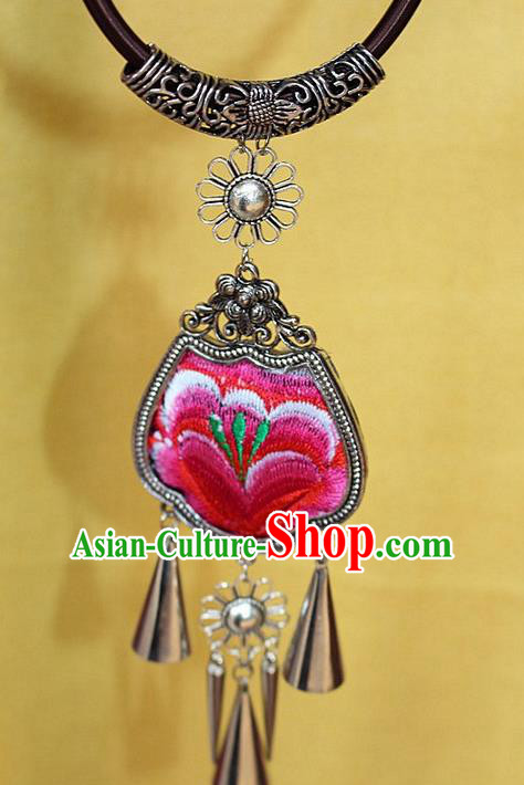 Traditional Chinese Miao Nationality Crafts Jewelry Accessory, Hmong Handmade Miao Silver Embroidery Bells Tassel Pendant, Miao Ethnic Minority Bells Necklace Accessories Sweater Chain Pendant for Women