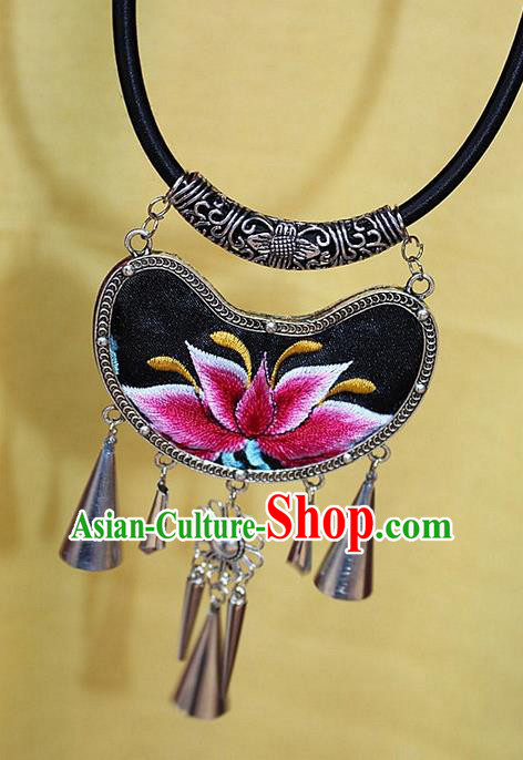 Traditional Chinese Miao Nationality Crafts Jewelry Accessory, Hmong Handmade Miao Silver Embroidery Bells Tassel Pendant, Miao Ethnic Minority Bells Necklace Accessories Sweater Chain Pendant for Women