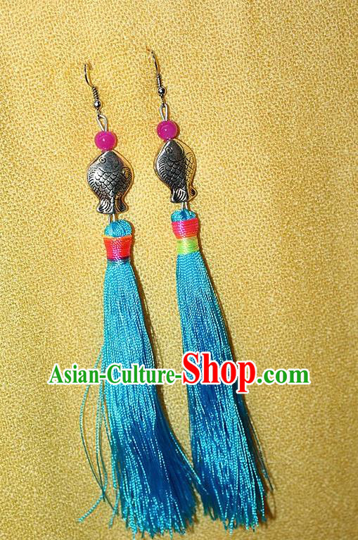 Traditional Chinese Miao Nationality Crafts Jewelry Accessory Classical Earbob Accessories, Hmong Handmade Miao Silver Kiss Fish Palace Lady Blue Silk Tassel Earrings, Miao Ethnic Minority Eardrop for Women