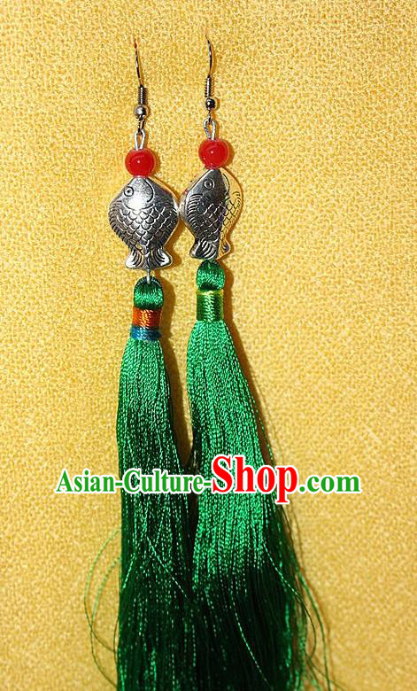 Traditional Chinese Miao Nationality Crafts Jewelry Accessory Classical Earbob Accessories, Hmong Handmade Miao Silver Kiss Fish Palace Lady Green Silk Tassel Earrings, Miao Ethnic Minority Eardrop for Women