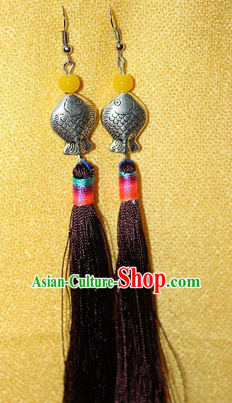 Traditional Chinese Miao Nationality Crafts Jewelry Accessory Classical Earbob Accessories, Hmong Handmade Miao Silver Kiss Fish Palace Lady Black Silk Tassel Earrings, Miao Ethnic Minority Eardrop for Women