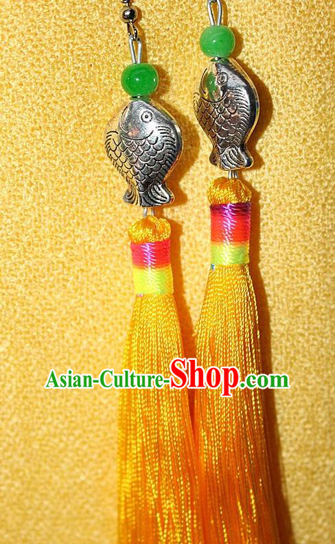 Traditional Chinese Miao Nationality Crafts Jewelry Accessory Classical Earbob Accessories, Hmong Handmade Miao Silver Kiss Fish Palace Lady Yellow Silk Tassel Earrings, Miao Ethnic Minority Eardrop for Women