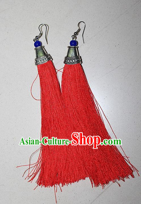 Traditional Chinese Miao Nationality Crafts Jewelry Accessory Classical Earbob Accessories, Hmong Handmade Palace Lady Red Silk Tassel Earrings, Miao Ethnic Minority Eardrop for Women