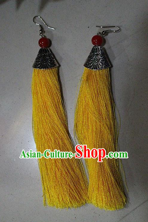 Traditional Chinese Miao Nationality Crafts Jewelry Accessory Classical Earbob Accessories, Hmong Handmade Palace Lady Yellow Silk Tassel Earrings, Miao Ethnic Minority Eardrop for Women