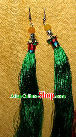 Traditional Chinese Miao Nationality Crafts Jewelry Accessory Classical Earbob Accessories, Hmong Handmade Palace Lady Green Silk Tassel Earrings, Miao Ethnic Minority Eardrop for Women