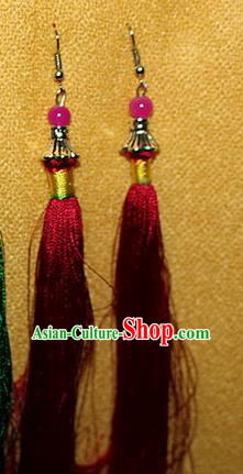 Traditional Chinese Miao Nationality Crafts Jewelry Accessory Classical Earbob Accessories, Hmong Handmade Palace Lady Red Silk Tassel Earrings, Miao Ethnic Minority Eardrop for Women