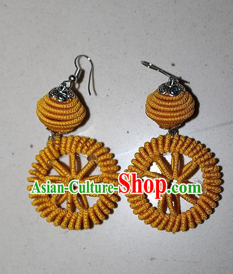 Traditional Chinese Miao Nationality Crafts Jewelry Accessory Classical Earbob Accessories, Hmong Handmade Kinking Palace Lady Round Earrings, Miao Ethnic Minority Weave Eardrop for Women