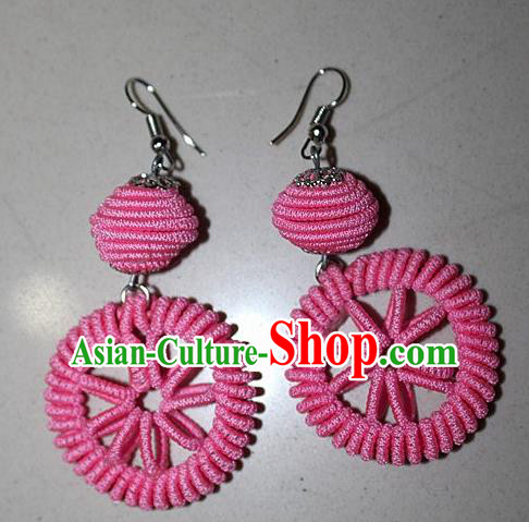 Traditional Chinese Miao Nationality Crafts Jewelry Accessory Classical Earbob Accessories, Hmong Handmade Kinking Palace Lady Round Pink Earrings, Miao Ethnic Minority Weave Eardrop for Women