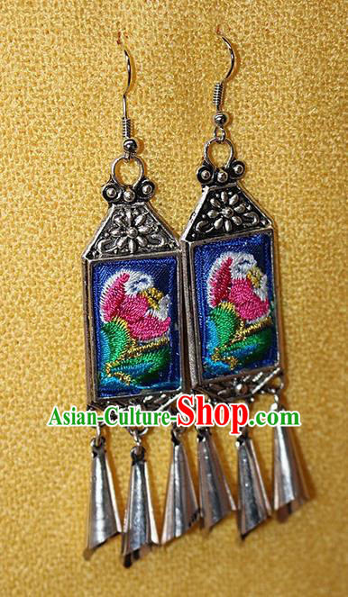 Traditional Chinese Miao Nationality Crafts Jewelry Accessory Classical Earbob Accessories, Hmong Handmade Miao Silver Palace Lady Tassel Embroidery Flowers Earrings, Miao Ethnic Minority Eardrop for Women