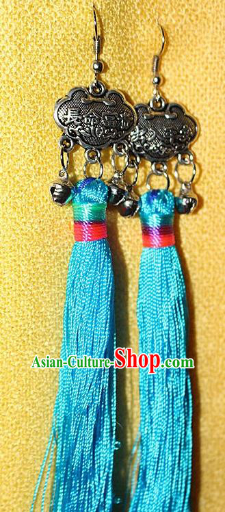 Traditional Chinese Miao Nationality Crafts Jewelry Accessory Classical Earbob Accessories, Hmong Handmade Miao Silver Longevity Lock Palace Lady Blue Silk Tassel Earrings, Miao Ethnic Minority Eardrop for Women