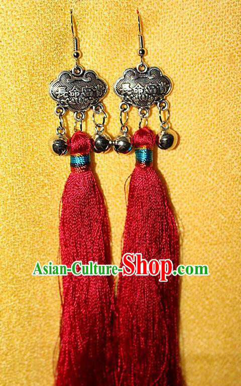 Traditional Chinese Miao Nationality Crafts Jewelry Accessory Classical Earbob Accessories, Hmong Handmade Miao Silver Longevity Lock Palace Lady Red Silk Tassel Earrings, Miao Ethnic Minority Eardrop for Women