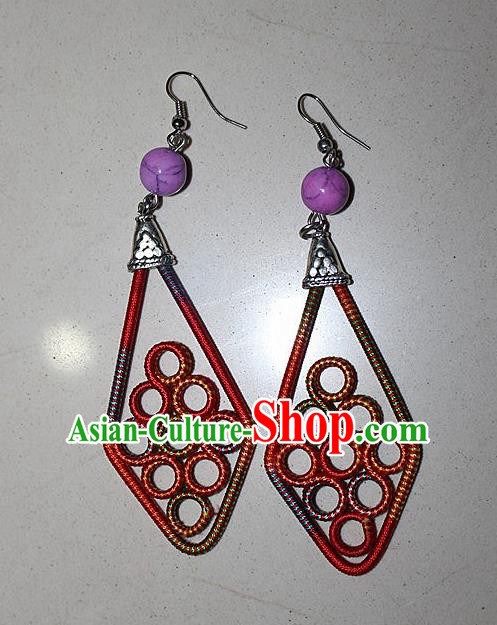 Traditional Chinese Miao Nationality Crafts Jewelry Accessory Classical Earbob Accessories, Hmong Handmade Kinking Palace Lady Earrings, Miao Ethnic Minority Weave Eardrop for Women