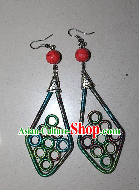 Traditional Chinese Miao Nationality Crafts Jewelry Accessory Classical Earbob Accessories, Hmong Handmade Kinking Palace Lady Earrings, Miao Ethnic Minority Weave Eardrop for Women