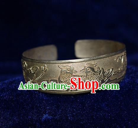 Traditional Chinese Miao Nationality Crafts Jewelry Accessory Bangle, Hmong Handmade Miao Silver Mandarin Duck Bracelet, Miao Ethnic Minority Silver Wide Bracelet Accessories for Women