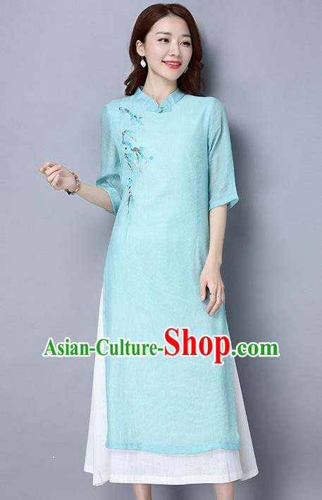 Traditional Ancient Chinese National Costume, Elegant Hanfu Mandarin Qipao Embroidered Dress, China Tang Suit Cheongsam Upper Outer Garment Light Blue Elegant Dress Clothing for Women