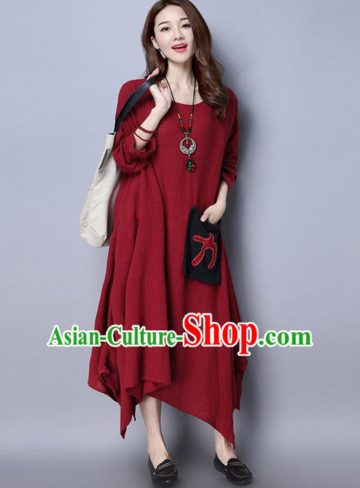 Traditional Ancient Chinese National Costume, Elegant Hanfu Linen Round Collar Red Dress, China Tang Suit Cheongsam Upper Outer Garment Elegant Dress Clothing for Women