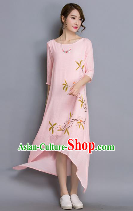 Traditional Ancient Chinese National Costume, Elegant Hanfu Linen Printing Irregularity Pink Dress, China Tang Suit Cheongsam Upper Outer Garment Elegant Dress Clothing for Women