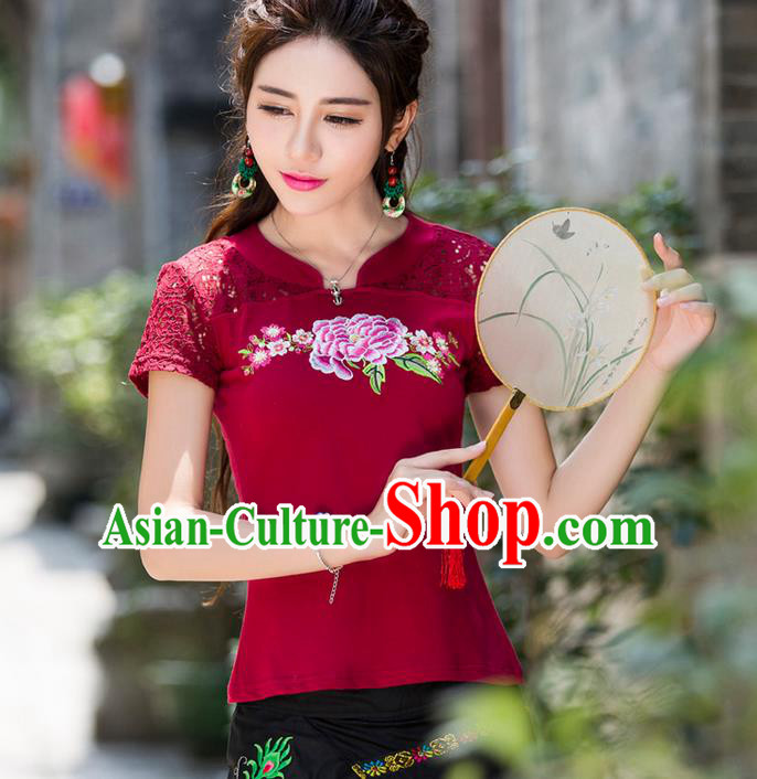 Traditional Ancient Chinese National Costume, Elegant Hanfu Embroidery Peony Flowers Lace Wine Red Shirt, China Tang Suit Blouse Cheongsam Upper Outer Garment Qipao Shirts Clothing for Women