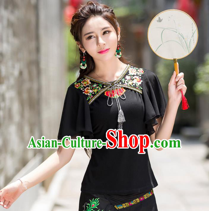 Traditional Ancient Chinese National Costume, Elegant Hanfu Embroidered Flowers T-Shirt, China Tang Suit Lotus Sleeve Chiffon Blouse Cheongsam Qipao Shirts Clothing for Women