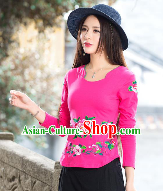 Traditional Ancient Chinese National Costume, Elegant Hanfu Embroidery Peony Flowers T-Shirt, China Tang Suit Blouse Cheongsam Upper Outer Garment Pink T-Shirts Clothing for Women