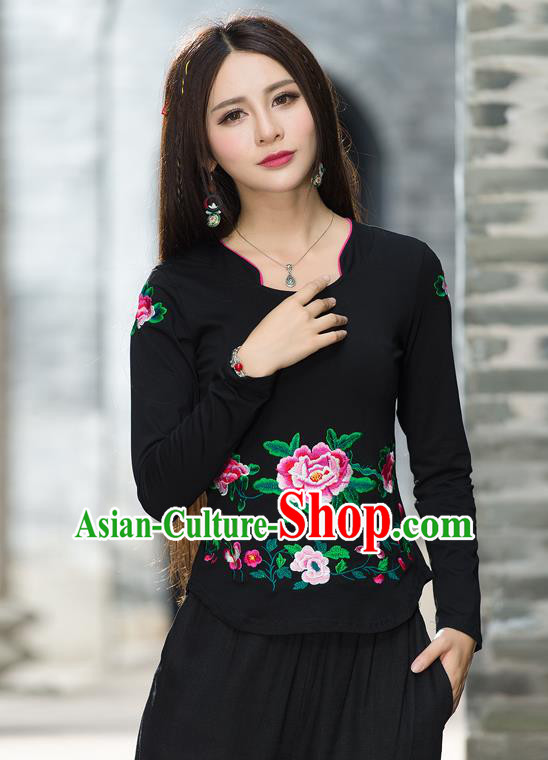 Traditional Ancient Chinese National Costume, Elegant Hanfu Embroidery Peony Flowers T-Shirt, China Tang Suit Blouse Cheongsam Upper Outer Garment Black T-Shirts Clothing for Women