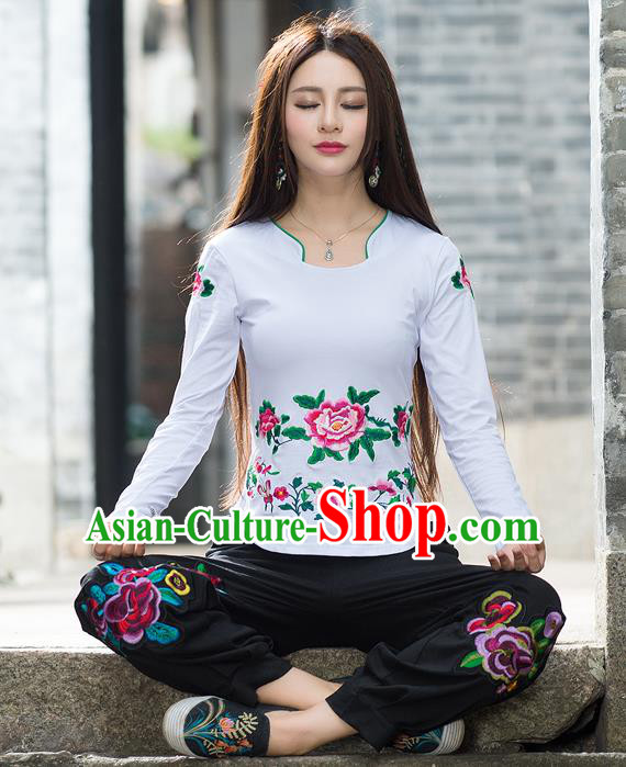 Traditional Ancient Chinese National Costume, Elegant Hanfu Embroidery Peony Flowers T-Shirt, China Tang Suit Blouse Cheongsam Upper Outer Garment White T-Shirts Clothing for Women