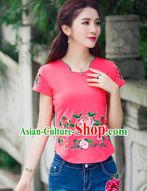 Traditional Ancient Chinese National Costume, Elegant Hanfu Embroidered Peony Flowers Mandarin Collar T-Shirt, China Tang Suit Red Blouse Cheongsam Qipao Shirts Clothing for Women