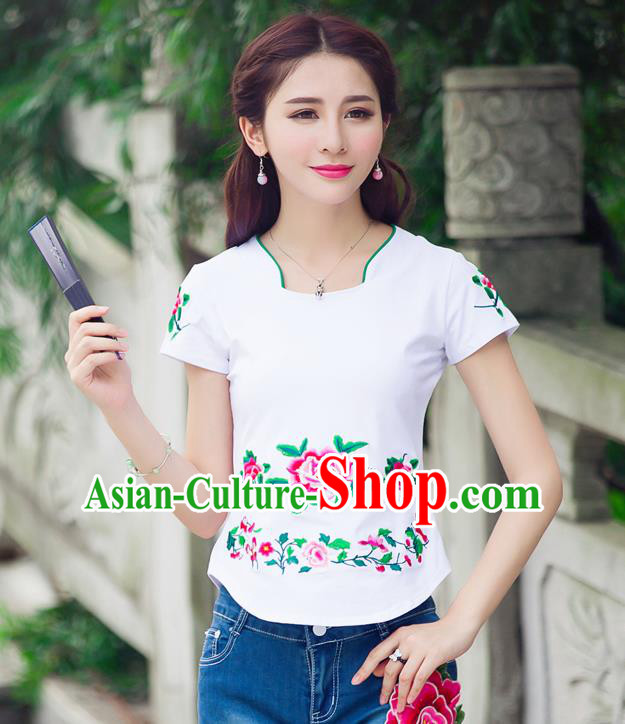 Traditional Ancient Chinese National Costume, Elegant Hanfu Embroidered Peony Flowers Mandarin Collar T-Shirt, China Tang Suit White Blouse Cheongsam Qipao Shirts Clothing for Women