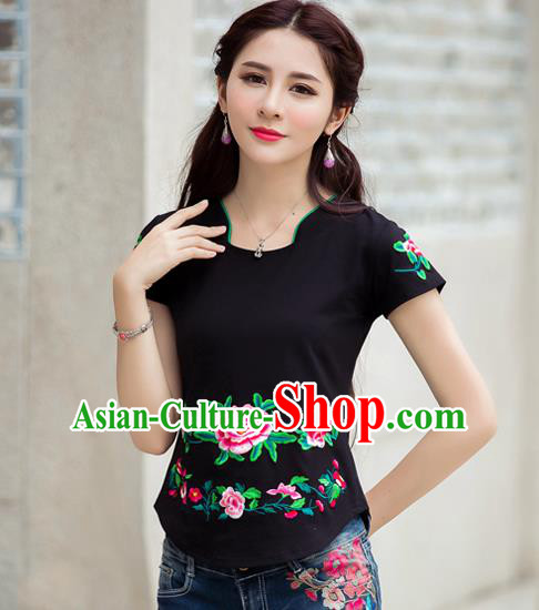 Traditional Ancient Chinese National Costume, Elegant Hanfu Embroidered Peony Flowers Mandarin Collar T-Shirt, China Tang Suit Black Blouse Cheongsam Qipao Shirts Clothing for Women