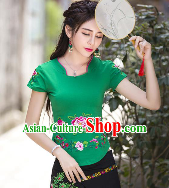 Traditional Ancient Chinese National Costume, Elegant Hanfu Embroidered Peony Flowers Mandarin Collar T-Shirt, China Tang Suit Green Blouse Cheongsam Qipao Shirts Clothing for Women