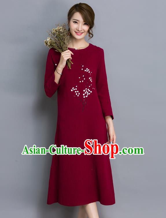 Traditional Ancient Chinese National Costume, Elegant Hanfu Printing Flowers Linen Qipao Dress, China Tang Suit Wine Red Cheongsam Skirt Upper Outer Garment Elegant Dress Clothing for Women