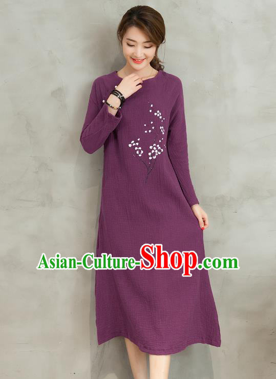 Traditional Ancient Chinese National Costume, Elegant Hanfu Printing Flowers Linen Qipao Dress, China Tang Suit Purple Cheongsam Skirt Upper Outer Garment Elegant Dress Clothing for Women