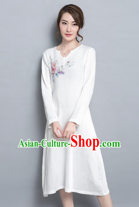 Traditional Ancient Chinese National Costume, Elegant Hanfu Printing Dress, China Tang Suit Cheongsam Upper Outer Garment Elegant White Dress Clothing for Women
