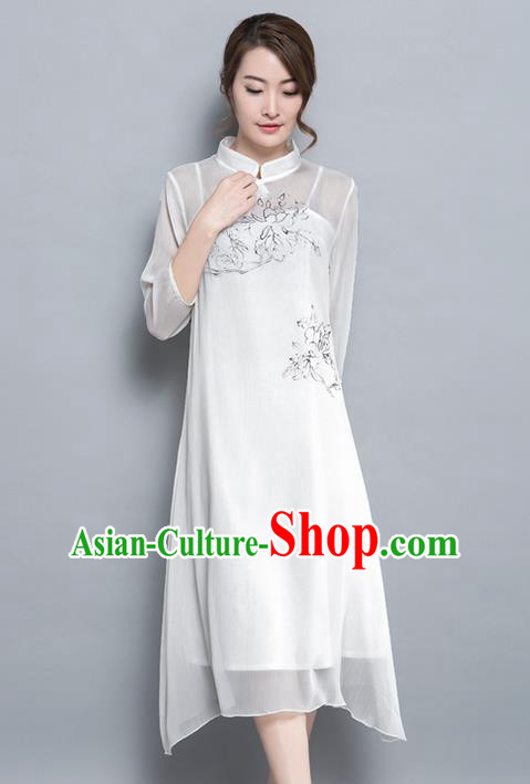 Traditional Ancient Chinese National Costume, Elegant Hanfu Hand Painting Mandarin Qipao Chiffon Two-Piece Dress, China Tang Suit Cheongsam Upper Outer Garment Elegant White Dress Clothing for Women