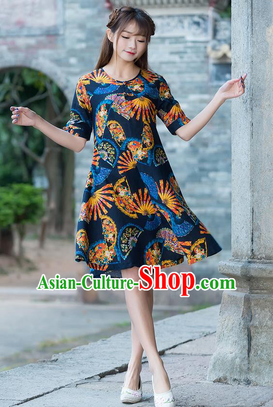 Traditional Chinese National Costume, Elegant Hanfu Printing Color Matching Dress, China Tang Suit Cheongsam Upper Outer Garment Elegant Navy Dress Clothing for Women