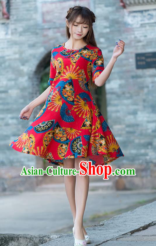 Traditional Chinese National Costume, Elegant Hanfu Printing Color Matching Dress, China Tang Suit Cheongsam Upper Outer Garment Elegant Red Dress Clothing for Women