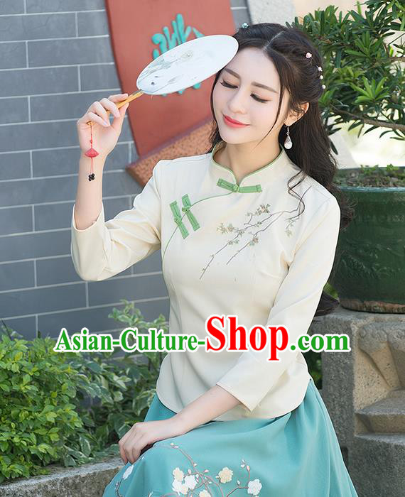 Traditional Ancient Chinese National Costume, Elegant Hanfu Embroidered Flowers Shirt, China Tang Suit Mandarin Collar Blouse Cheongsam Qipao Shirts Clothing for Women