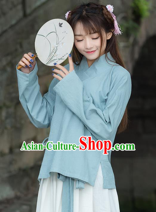 Traditional Ancient Chinese National Costume, Elegant Hanfu Linen Blue Shirt, China Ming Dynasty Tang Suit Blouse Cheongsam Qipao Shirts Clothing for Women