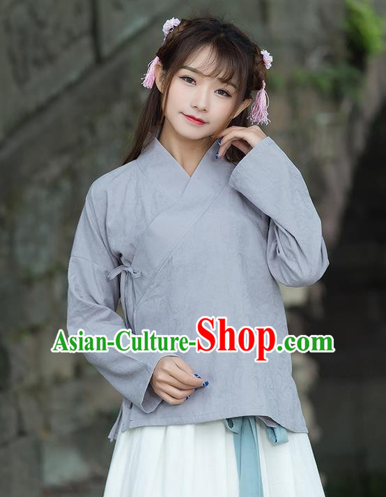 Traditional Ancient Chinese National Costume, Elegant Hanfu Linen Grey Shirt, China Ming Dynasty Tang Suit Blouse Cheongsam Qipao Shirts Clothing for Women