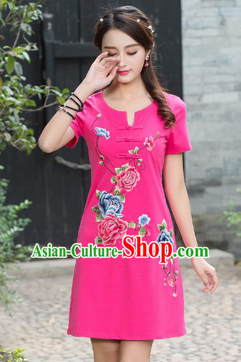 Traditional Ancient Chinese National Costume, Elegant Hanfu Embroidered Qipao Dress, China Tang Suit Cheongsam Upper Outer Garment Elegant Pink Dress Clothing for Women