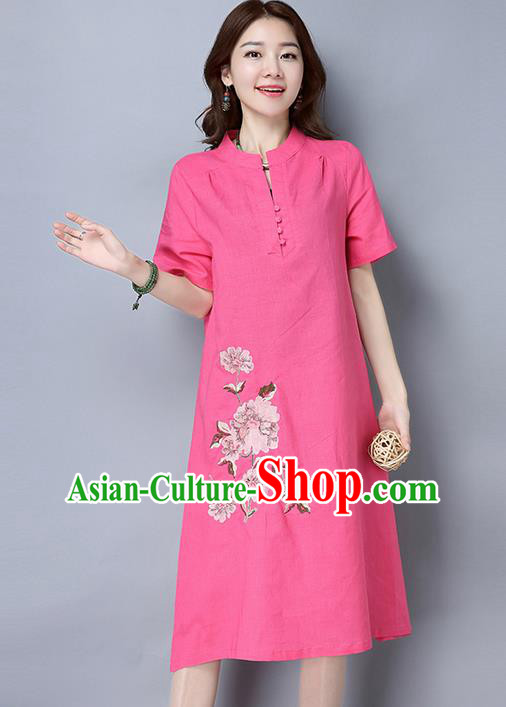 Traditional Ancient Chinese National Costume, Elegant Hanfu Mandarin Collar Qipao Linen Pink Dress, China Tang Suit Cheongsam Upper Outer Garment Elegant Dress Clothing for Women