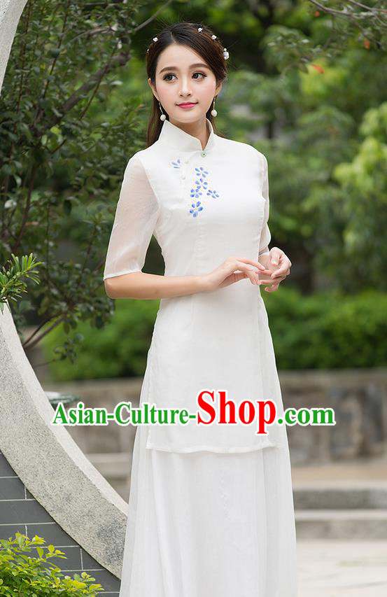 Traditional Ancient Chinese National Costume, Elegant Hanfu Mandarin Collar Qipao Printing Plum Blossom Dress, China Tang Suit Cheongsam Upper Outer Garment Elegant Dress Clothing for Women