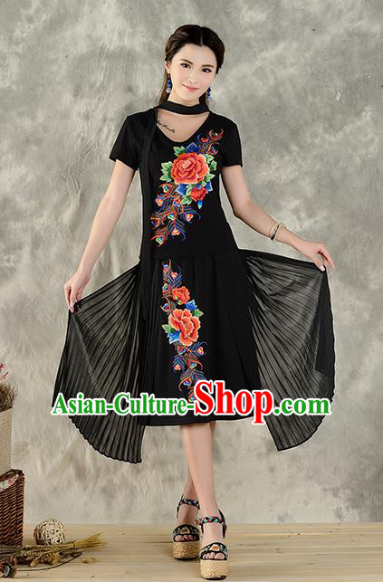 Traditional Ancient Chinese National Costume, Elegant Hanfu Embroidered Peony Halter Tops Black T-Shirt, China Tang Suit Short Sleeve Blouse Cheongsam Qipao Shirts Clothing for Women