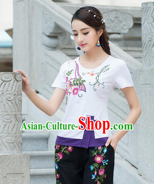 Traditional Chinese National Costume, Elegant Hanfu Embroidered Round Collar T-Shirt, China Tang Suit White Blouse Cheongsam Qipao Shirts Clothing for Women