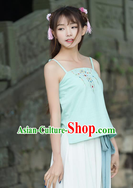 Traditional Ancient Chinese National Costume, Elegant Hanfu Bellyband Shirt, China Tang Suit Embroidery Undergarment Blouse Cheongsam Qipao Light Green Camisole Shirts Clothing for Women