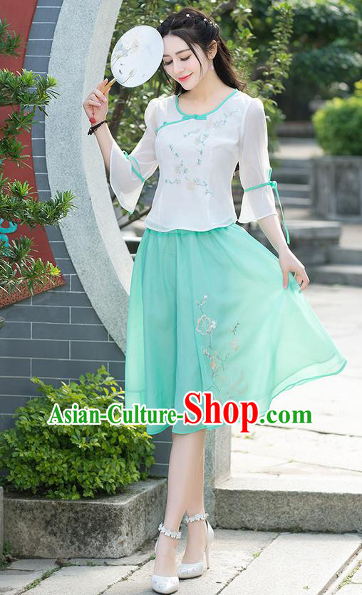 Traditional Ancient Chinese National Pleated Skirt Costume, Elegant Hanfu Embroidered Chiffon Blue Short Dress, China Tang Suit Bust Skirt for Women